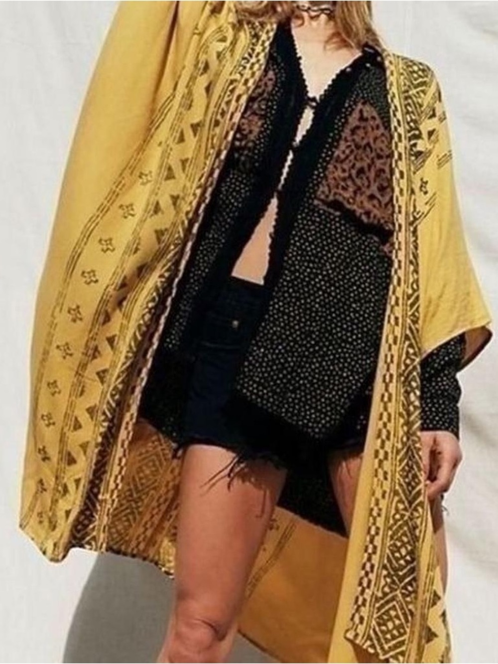 Free People Boho Mustard Tribal Print Kimono | Flowy Statement Layer
